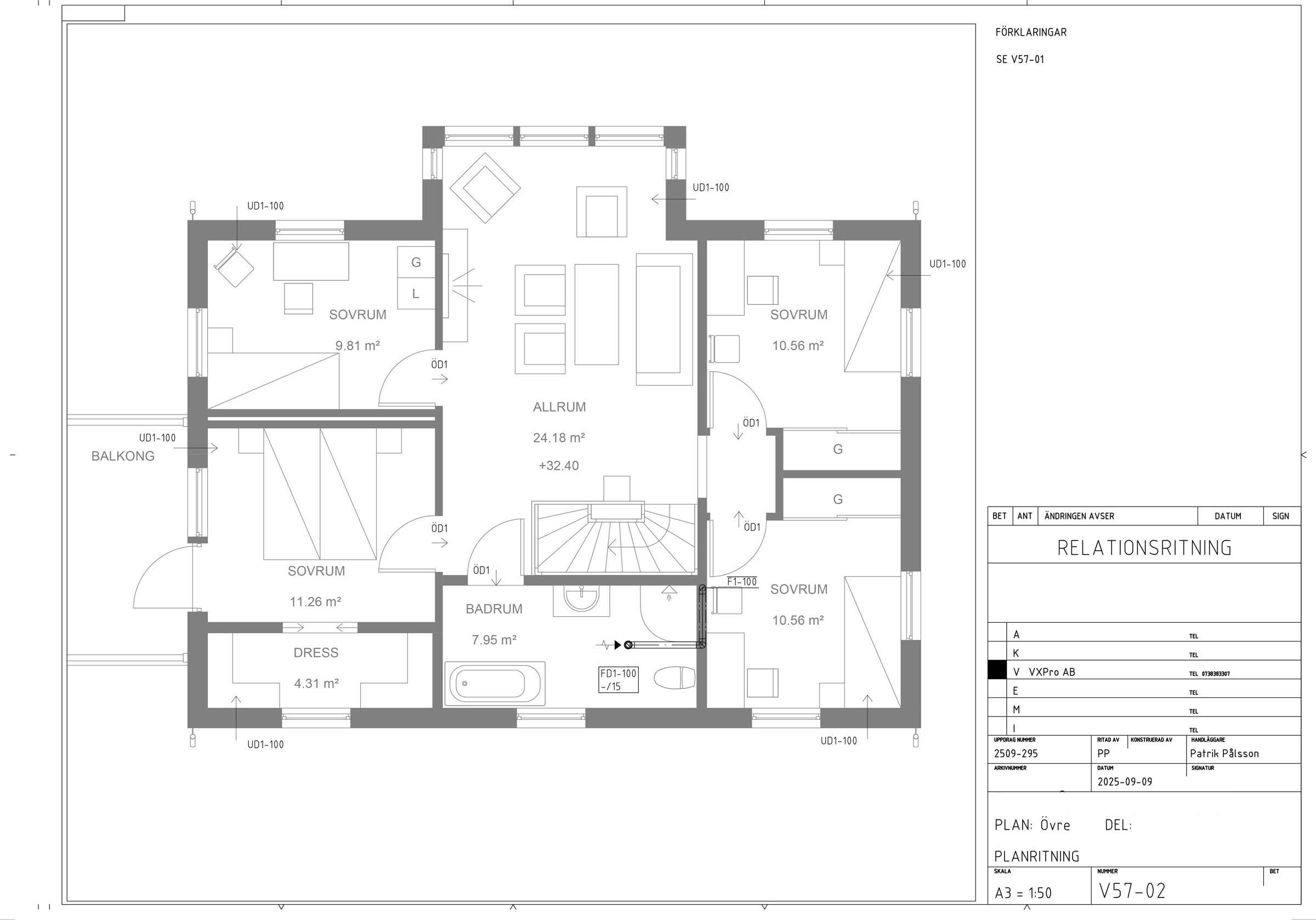 Plan-ritning övervåning för FX-installation i villa, Stockholms Län, Åkersberga